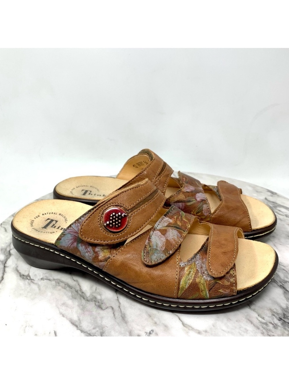 Think! Camilla Multi Colored Adjustable  Slide Sandals 7/38 Comfort Artsy Quirky